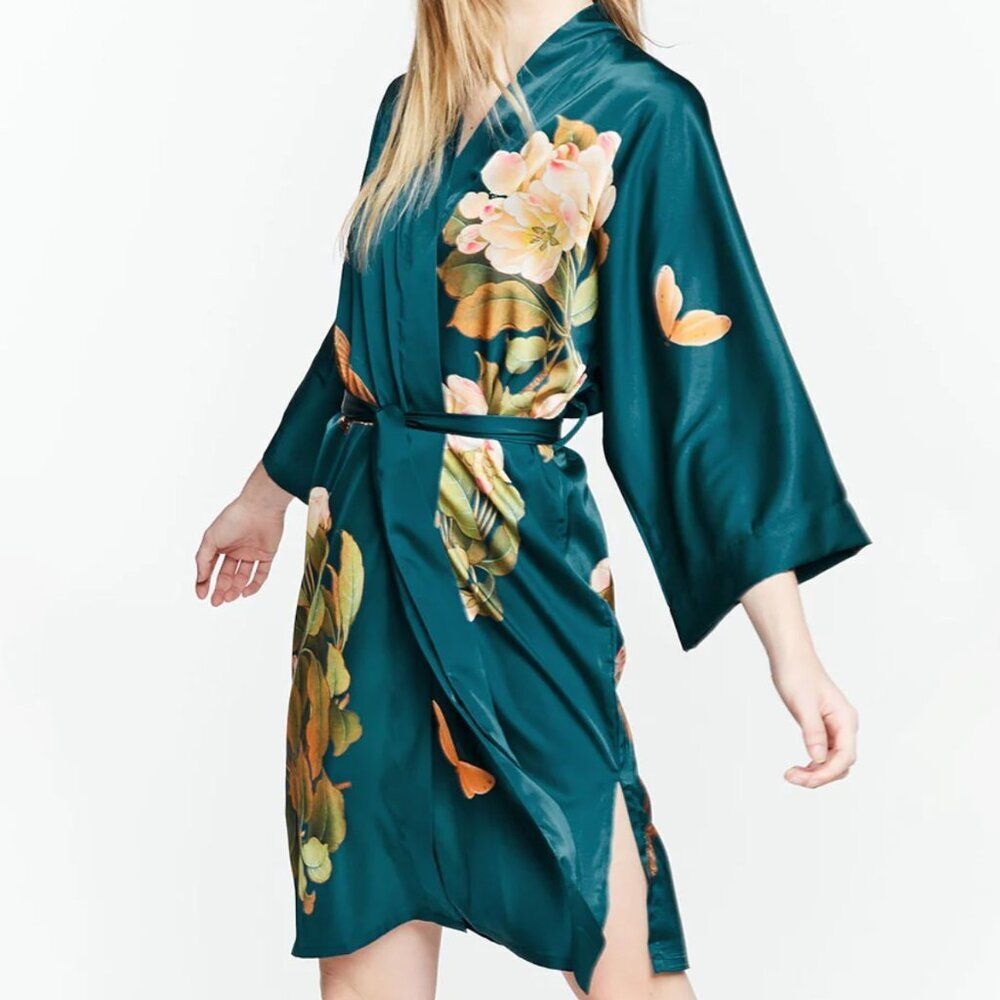 Kim + Ono Asian Inspired Floral Emerald Satin Kimono Robe